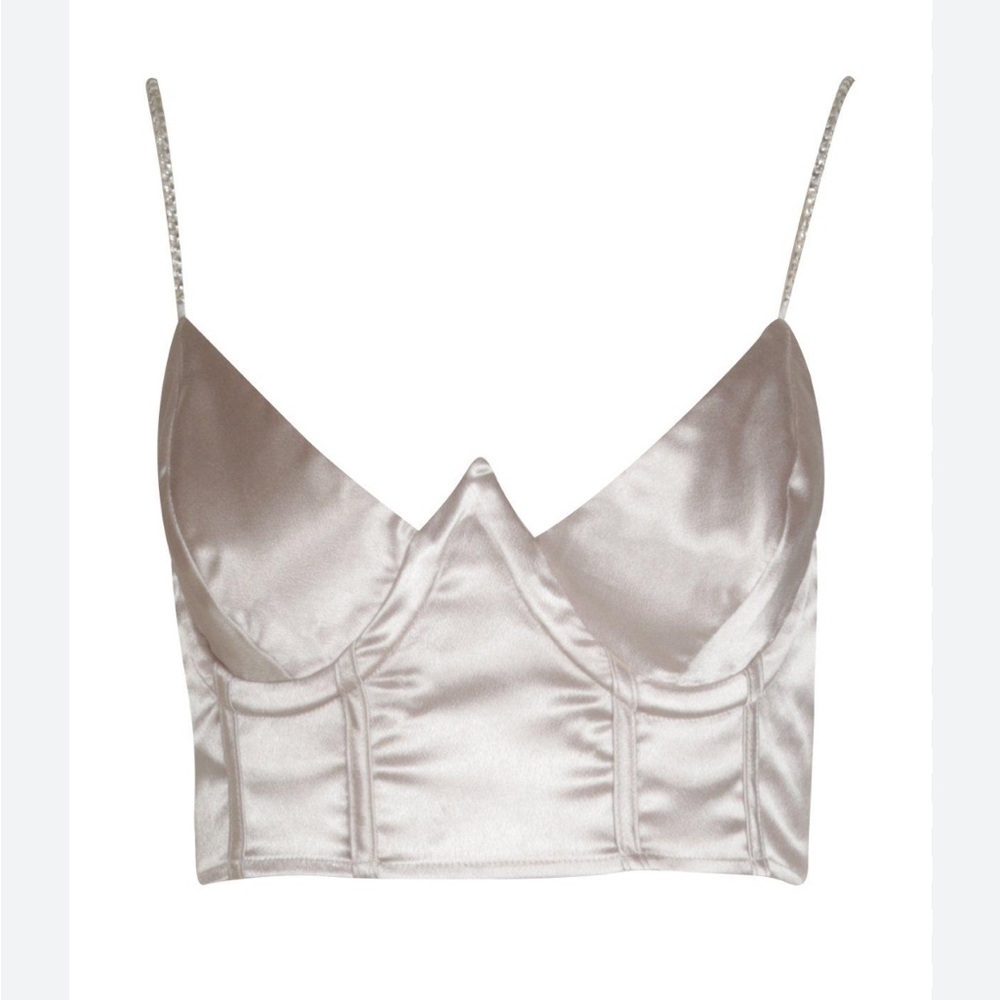 Boohoo Women's Size 6 Satin Diamante Strap Corset Top Silver Zip Back Rhinestone